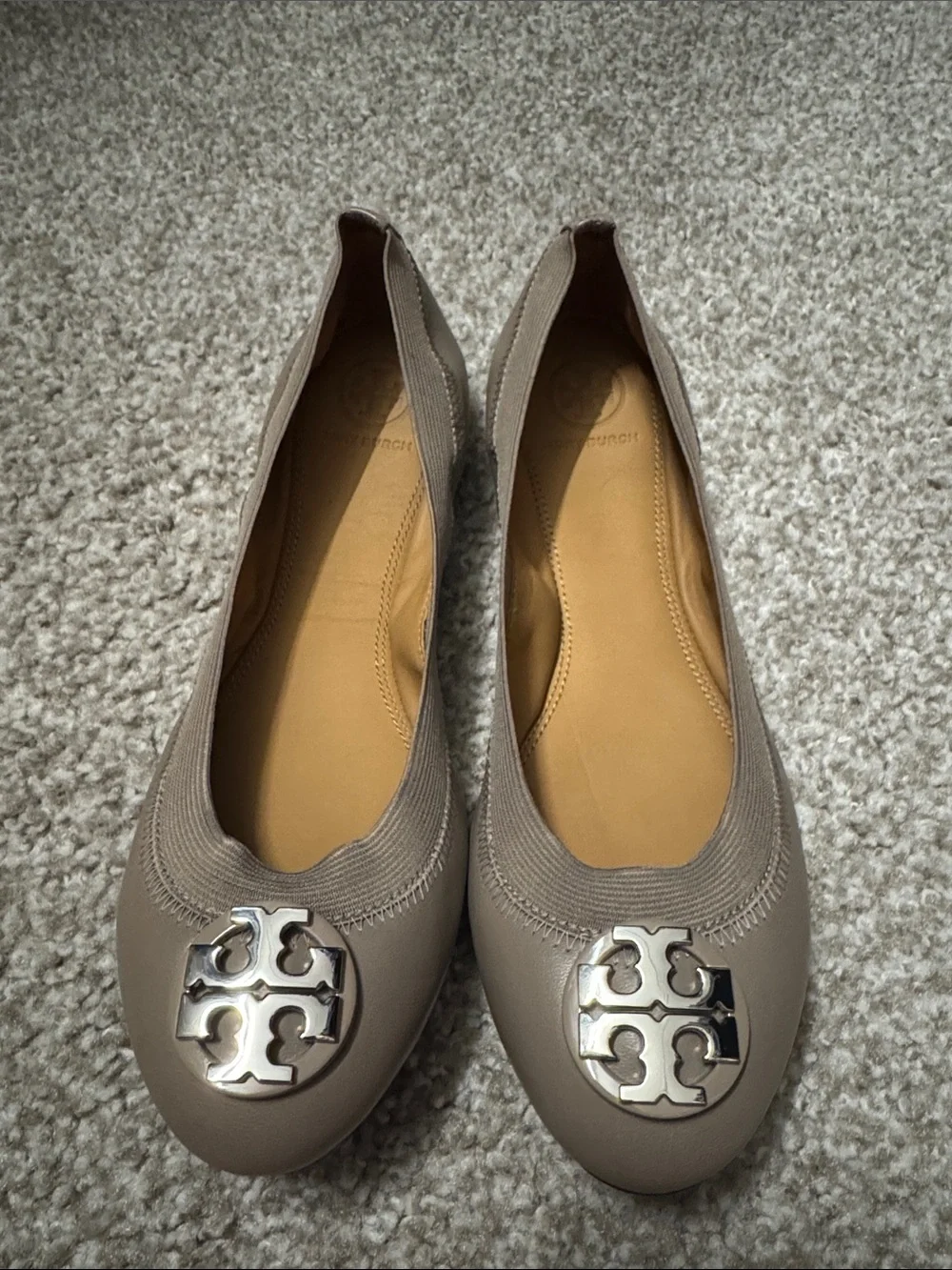 Tory Burch Taupe Leather Logo Ballet Flats